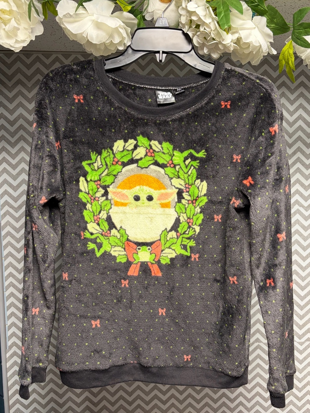 Star Wars Grogu Black Holiday Fuzzy Sweatshirt with Green Baby Yoda Wreath
